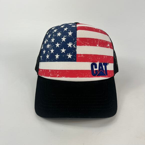 Cat American Flag Trucker Hat Mesh Snapback Mens Caterpilar Inc Construnction - Picture 1 of 11